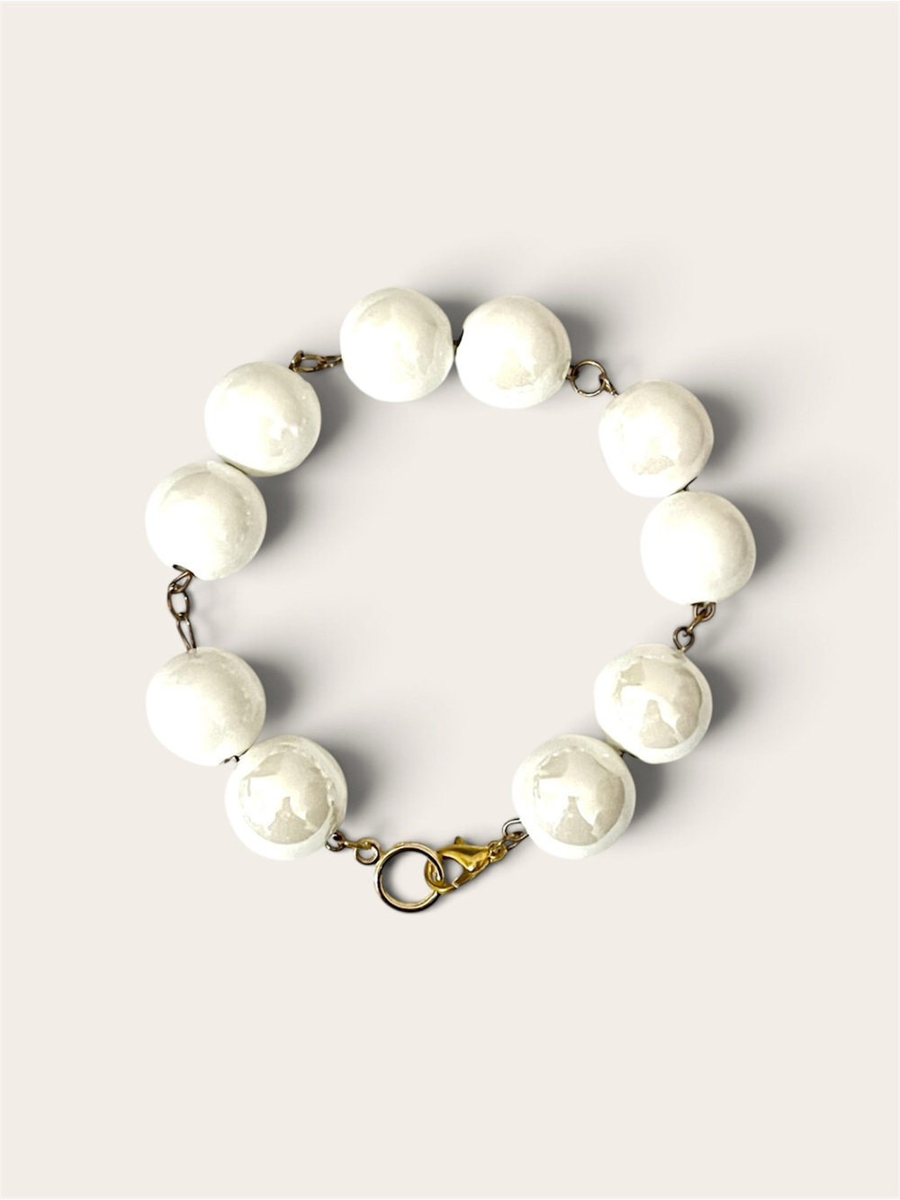 Handmade Chunky Glass Large Pearl Bead Bracelet Gold Tone Lobster Clasp Wedding
